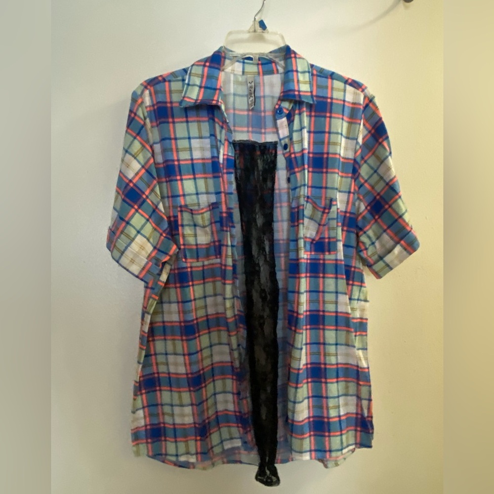 RNB Womens Button Down Flannel Shirt 3X 3XL Plaid Blue Peach Black Lace Back